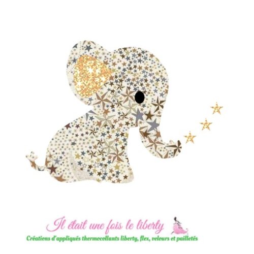 Appliqué thermocollant éléphant en tissu liberty adelajda brun et flex pailleté écusson applique à recomposer sans couture