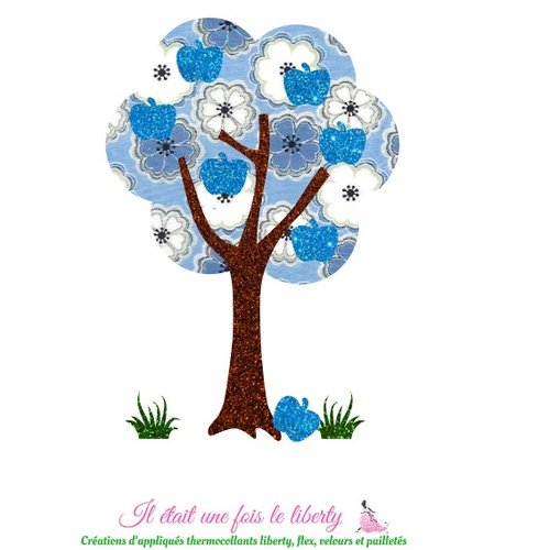 Appliqué thermocollant liberty arbre pommes en liberty toria bleu et flex pailletés, patch à repasser sur tous supports