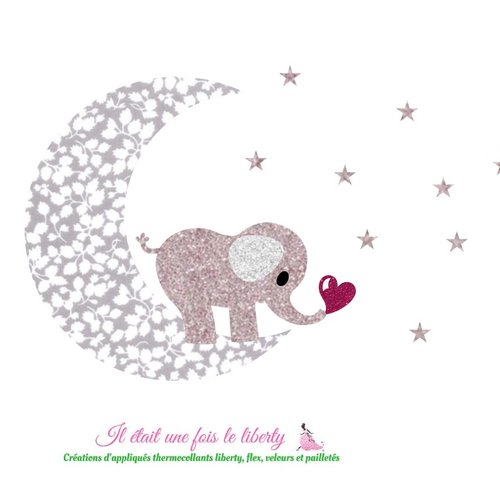 Appliqué thermocollant éléphanteau sur une lune en tissu liberty glenjade gris perle et flex pailleté, à recomposer et repasser