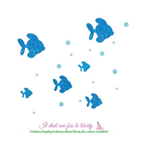 Appliqués thermocollants 6 poissons en flex pailleté bleu turquoise (coloris au choix)