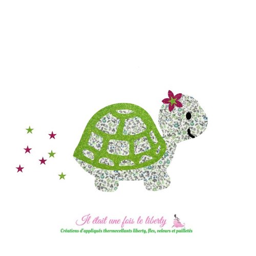 Appliqué thermocollant tortue en tissu liberty newland vert et flex pailletés patch à repasser