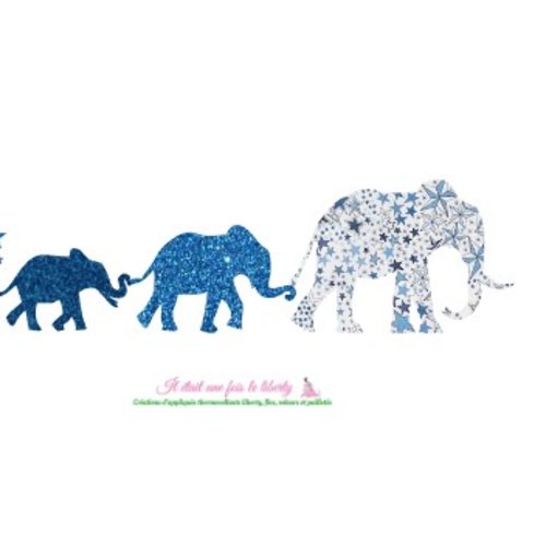 Appliqués thermocollants famille eléphants en tissu liberty adelajda bleu et flex pailletés