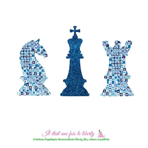 Appliqués thermocollants jeu d'échec 3 pièces en tissu liberty checkmate bleu et flex pailleté, patch à repasser sans couture