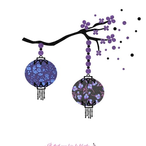 Appliqués thermocollants lanternes japonaises sur une branche tissu liberty capel indigo ros purple