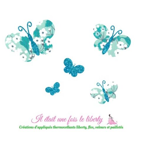 Appliqués thermocollants papillons en tissu liberty mitsi menthe à l'eau et tissu pailleté turquoise, patch à repasser sans couture