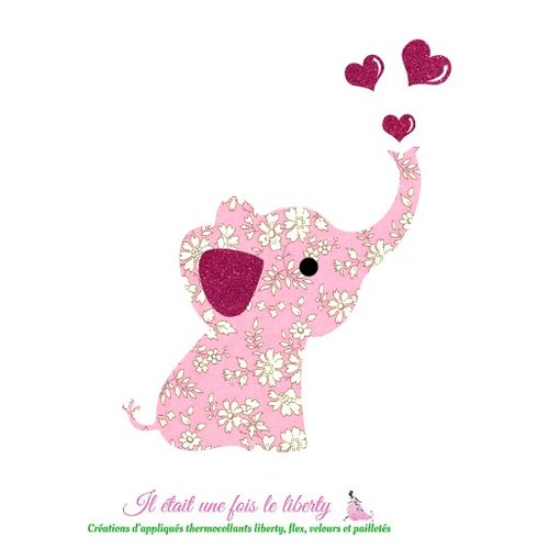 Appliqués thermocollants éléphant et coeurs en tissu liberty capel rose et flex pailleté, à recomposer, sans couture