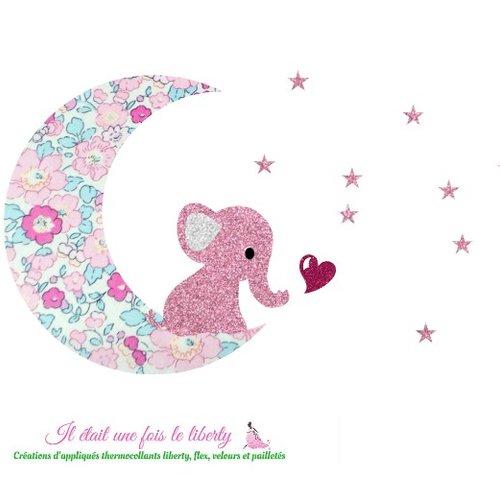 Appliqué thermocollant éléphant sur une lune en tissu liberty betsy amélie et flex pailleté, à recomposer, sans couture*