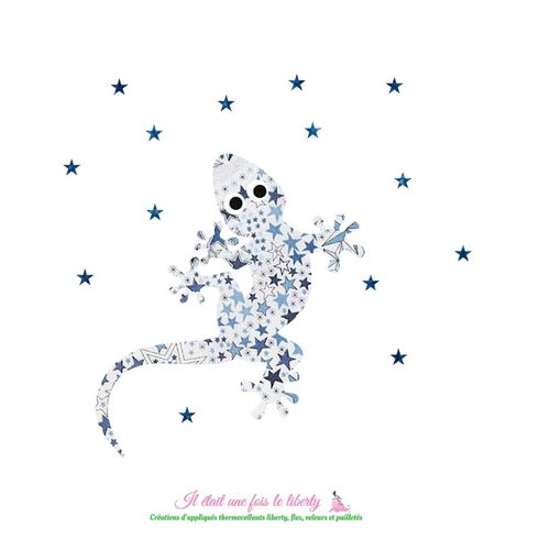 Appliqué thermocollant lézard tissu liberty adelajda bleu et flex pailleté patch à repasser