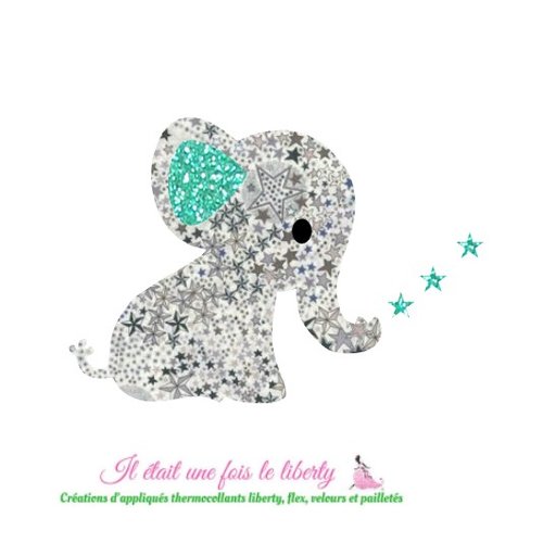 Appliqué thermocollant elephant tissu liberty adelajda gris flex pailleté patch à repasser sans couture