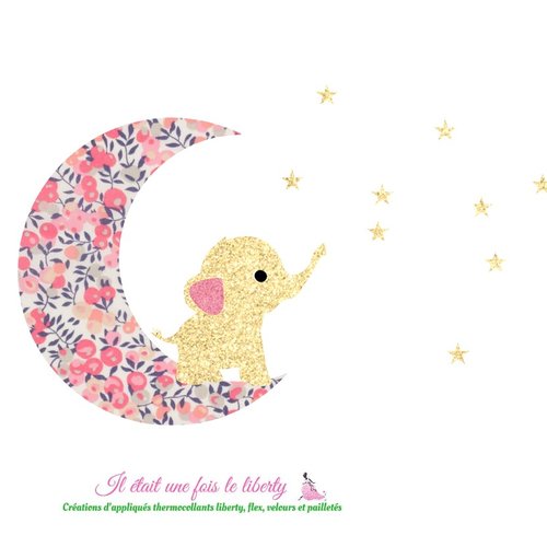 Appliqué thermocollant éléphant sur une lune en tissu liberty wiltshire corail et flex pailleté, sans couture