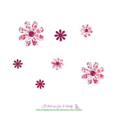 Appliqués thermocollants 7 fleurs en tissu liberty phoebe rose flex pailleté patch à repasser sans couture