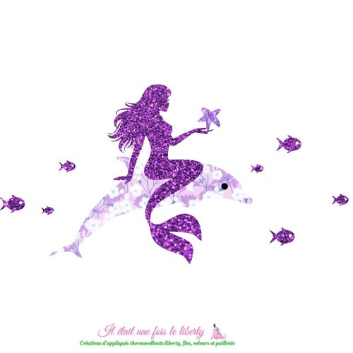 Appliqués thermocollants sirène et dauphin en tissu liberty mitsi mauve et flex pailleté patch à repasser