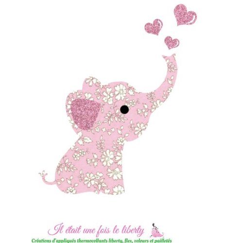 Appliqués thermocollants éléphant et coeurs en liberty capel nude et flex pailleté rose pâle, sans couture