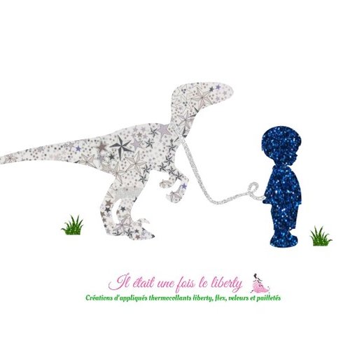 Appliqués thermocollants petit garçon et dinosaure en liberty adelajda gris et tissu bleu marine étoile