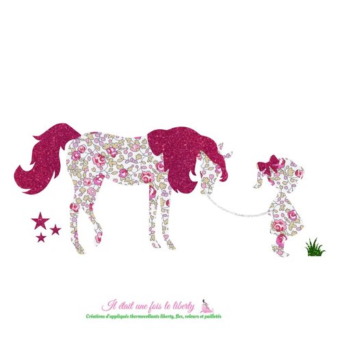 Appliqués thermocollants petite fille et cheval en tissu liberty eloïse et flex pailleté appliques à repasser