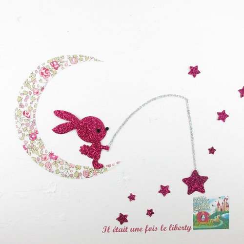 Appliqués thermocollants lapin qui pêche sur une lune en tissu liberty eloïse rose et flex pailletés