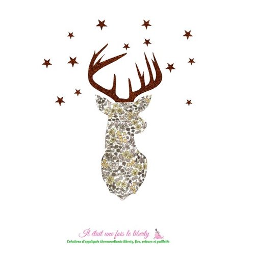 Appliqué thermocollant cerf prêt à repasser en tissu liberty emilia's flowers moutarde et flex pailleté patch à repasser