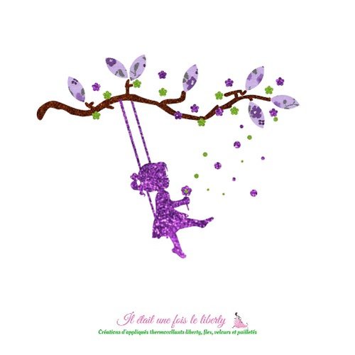 Appliqué thermocollant petite fille sur une balançoire liberty violet flex pailleté arbre à empreinte