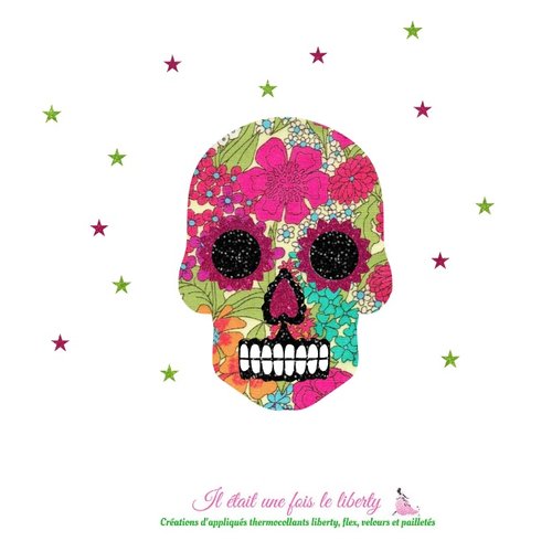 Appliqués thermocollants skull mexicain, tête de mort, crâne tissu liberty chiara summer et flex pailleté