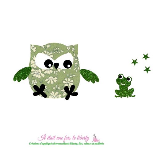 Appliqué thermocollant hibou bougon et grenouille en liberty cael vert olive et flex pailleté