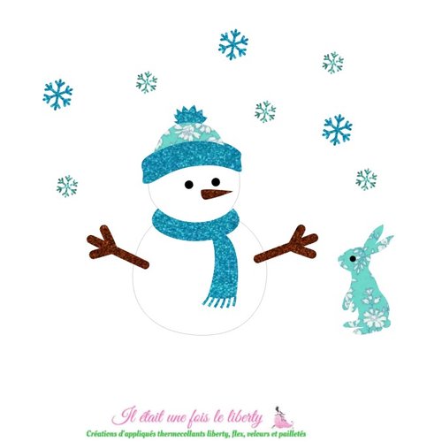 Appliqué thermocollant bonhomme de neige  en velours blanc, flex pailletés patch et tissu liberty à repasser