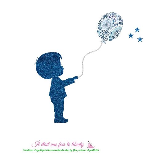 Appliqués thermocollants petit garçon et ballon tissu liberty adelajda bleu flex pailleté patch à repasser