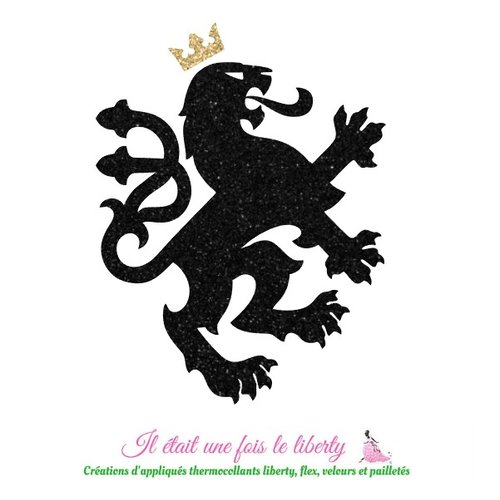 Appliqué thermocollant lion héraldique médiéval flex pailleté noir et or applique à repasser sans couture