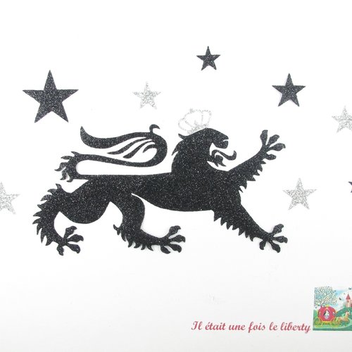 Appliqués thermocollants lion médiéval héraldique en tissu pailleté noir motif thermocollant patch à repasser sans couture