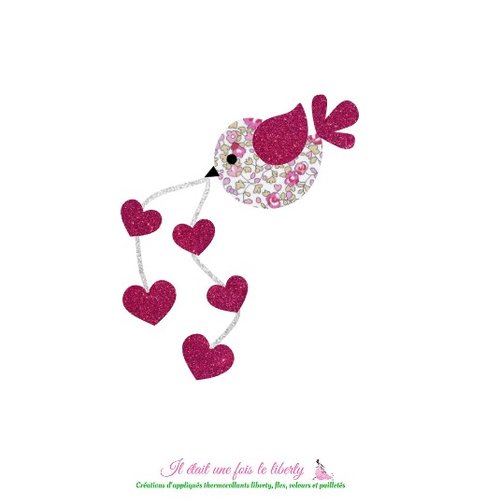 Appliqués thermocollants liberty oiseau et coeurs en tissu liberty éloïse rose et flex pailletés