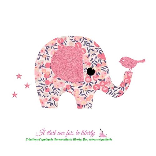 Appliqués thermocollants éléphant et oiseau en tissu liberty wiltshire pois de senteur et flex rose, à recomposer, san couture