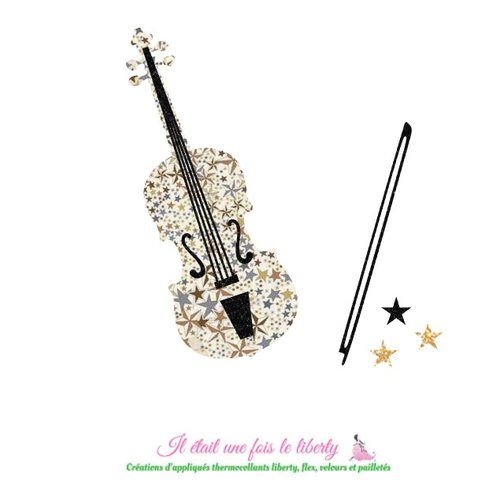 Appliqué thermocollant violon en tissu liberty adelajda brun et flex pailleté appliques écussons