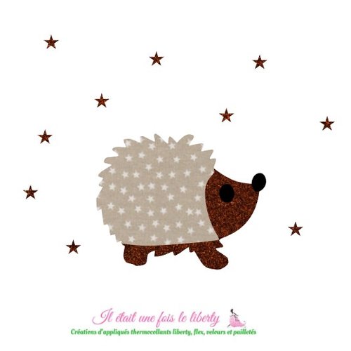 Appliqué thermocollant hérisson en tissu taupe étoilé et flex pailleté, appliques à repasser hérisson
