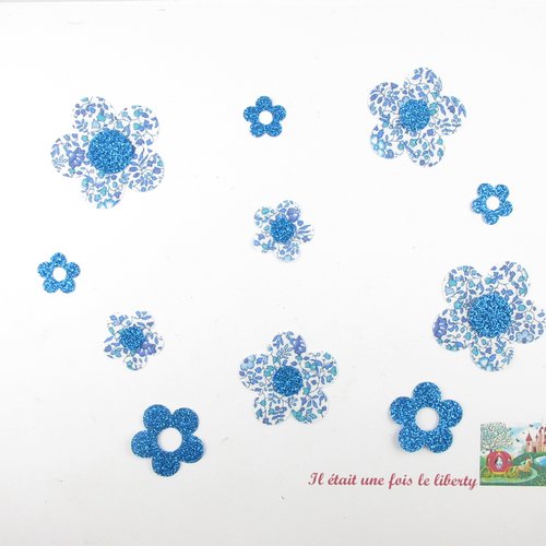 Appliqués thermocollants 11 fleurs en tissu liberty katie and millie bleu et flex pailleté patch à repasser