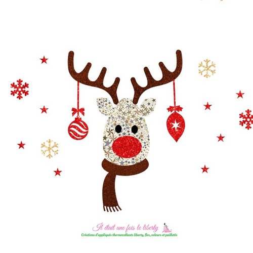 Appliqués thermocollants tête de renne de noël en liberty adelajda brun flex pailleté patch à repasser motifs thermocollants liberty