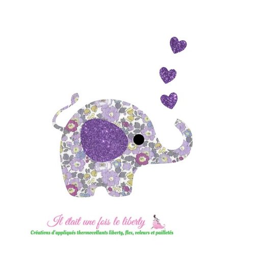Appliqué thermocollant éléphant et coeurs en tissu liberty betsy ann mauve et flex pailleté prune patch à repasser *