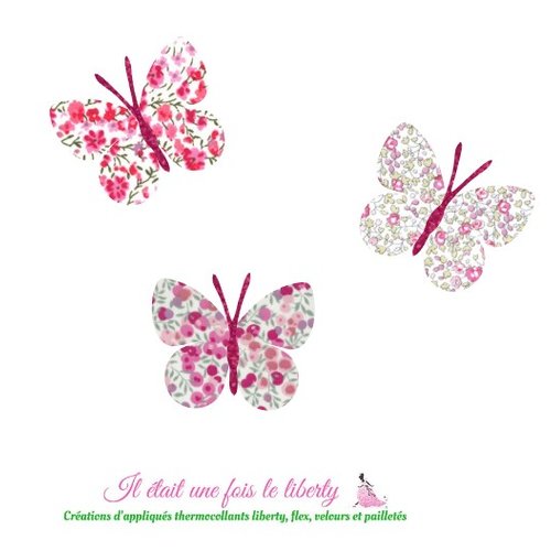 Appliqué thermocollant papillons en tissus liberty roses et flex pailleté, à recomposer et repasser, sans couture