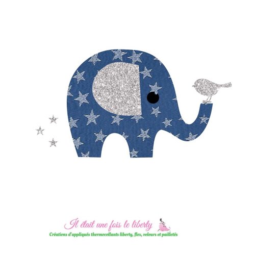 Appliqué thermocollant éléphant en tissu étoilé bleu marine et flex pailleté, à recomposer et repasser, sans couture