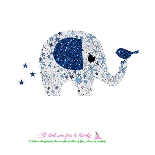 Appliqué thermocollant éléphant et oiseau en tissu liberty adelajda bleu et flex pailleté, à recomposer avant d'être repassé
