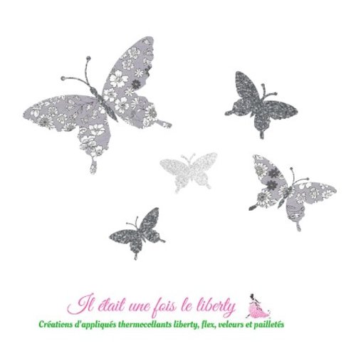 Appliqués thermocollants liberty papillon june meadow gris flex pailleté patch à repasser sans couture, à recomposer