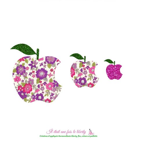Ecusson appliqués thermocollants liberty 3 pommes tissu japonais lecien et flex pailleté sans couture