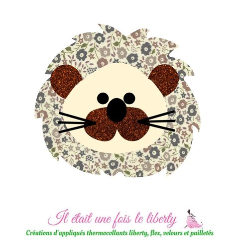 Appliqué thermocollant tête de lion en tissu liberty fairford marron et flex pailleté, patch à recomposer, sans couture *