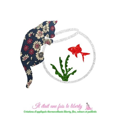 Appliqués thermocollants chat, poisson rouge, aquarium en tissu liberty lecien bleu marine et flex pailleté, à repasser