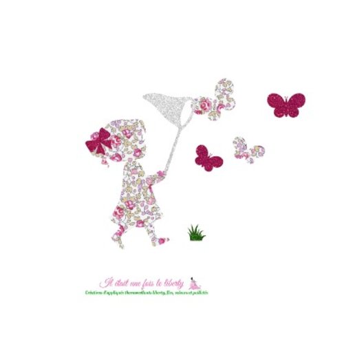 Appliqués thermocollants petite fille la chasse aux papillons en tissu liberty eloïse rose et flex pailleté
