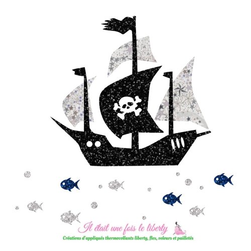 Appliqués thermocollants bateau pirate, petits poissons, tissu liberty adelajda gris et flex pailleté
