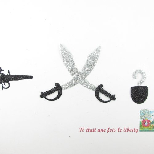 Appliqués thermocollants pirate pistolets sabre crochet en flex pailleté noir et argent patch sans couture