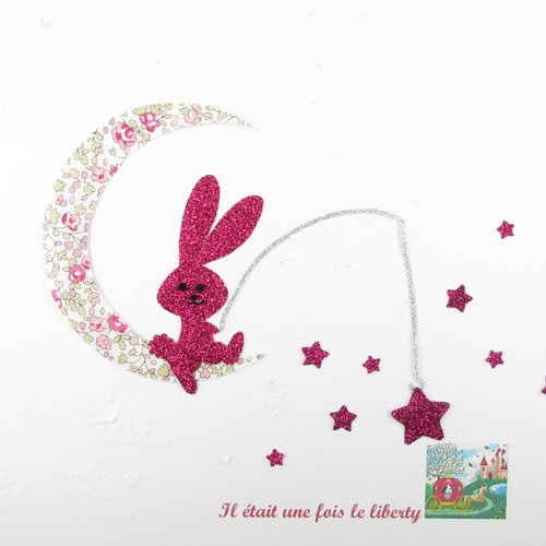 Appliqués thermocollants liberty lapin qui pèche sur lune avec des étoiles en tissu eloïse rose et flex pailleté