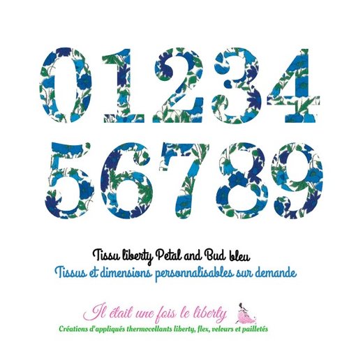 Appliqués thermocollants lot de 10 chiffres  (0 1 2 3 4 5 6 7 8 9 - 3 cm de hauteur) en tissu liberty petal and bud bleu