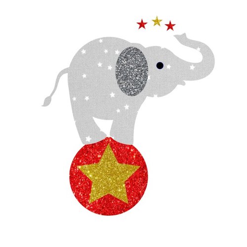 Appliqués thermocollants eléphant du cirque sur une balle en tissu étoilé gris et flex pailleté patch à repasser