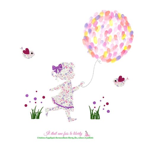 Appliqués thermocollants baptême communion arbre à empreintes en tissu liberty phoebe rose et parme tissus pailleté baptême