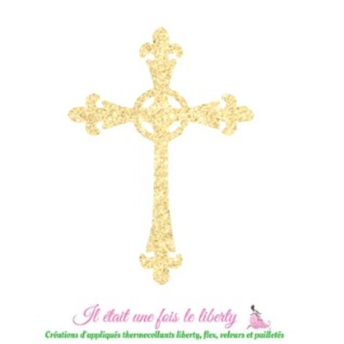 Appliqués thermocollants croix médiévale, baptême, communion, tissu flex pailleté, patch à repasser, coloris au choix
